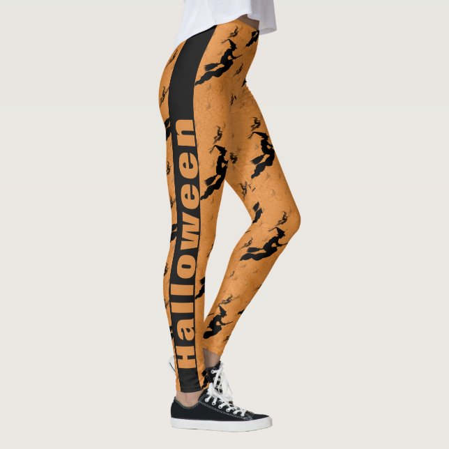 Schwarze Halloween Hexen Brooms Orange Muster Leggings (Rechts)