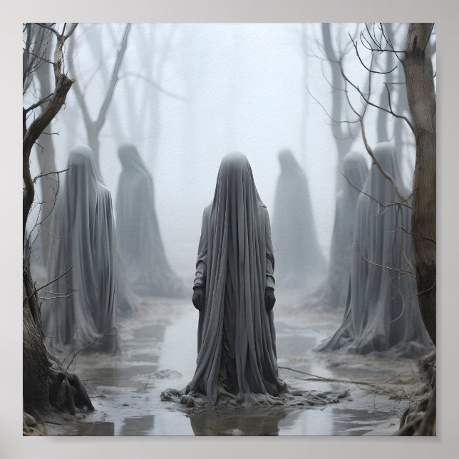 Schwarze Halloween-Illustration weißer Geister Poster (Vorne)