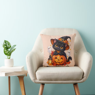 Schwarze Halloween-Katze Kürbis Kissen