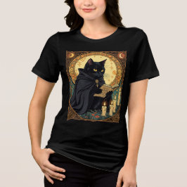 Schwarze Halloween-Katze liest ein Buch Tri-Blend Shirt