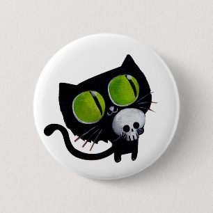Schwarze Halloween-Katze mit dem Schädel Button