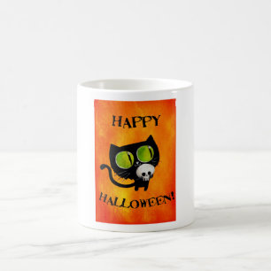 Schwarze Halloween-Katze mit dem Schädel Kaffeetasse