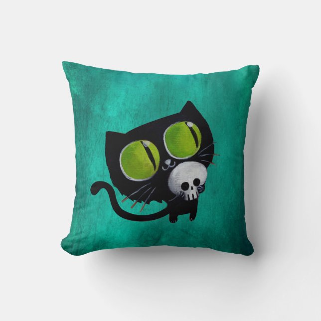 Schwarze Halloween-Katze mit dem Schädel Kissen (Vorderseite)