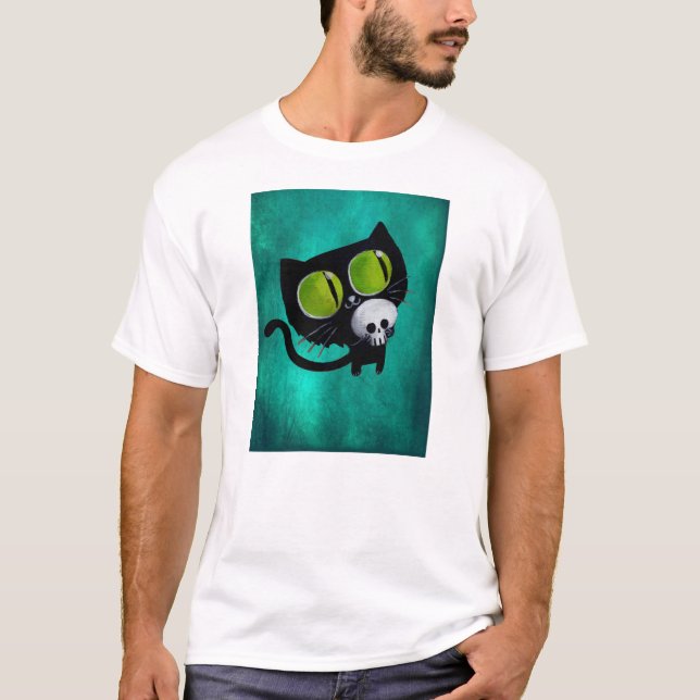 Schwarze Halloween-Katze mit dem Schädel T-Shirt (Vorderseite)