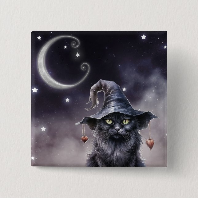 Schwarze Halloween-Katze mit einem Hexenhut Button (Vorderseite)