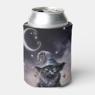 Schwarze Halloween-Katze mit einem Hexenhut Dosenkühler