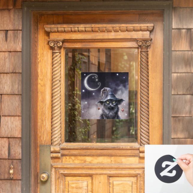 Schwarze Halloween-Katze mit einem Hexenhut Fensteraufkleber (Haustür)