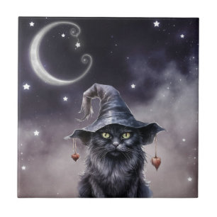 Schwarze Halloween-Katze mit einem Hexenhut  Fliese