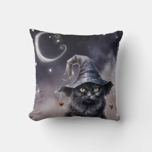 Schwarze Halloween-Katze mit einem Hexenhut Kissen