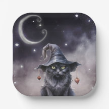 Schwarze Halloween-Katze mit einem Hexenhut