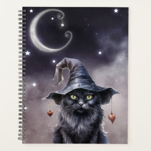 Schwarze Halloween-Katze mit einem Hexenhut Planer