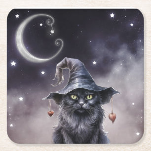 Schwarze Halloween-Katze mit einem Hexenhut Rechteckiger Pappuntersetzer
