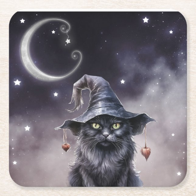 Schwarze Halloween-Katze mit einem Hexenhut Rechteckiger Pappuntersetzer (Vorderseite)