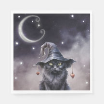 Schwarze Halloween-Katze mit einem Hexenhut