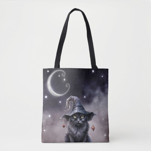 Schwarze Halloween-Katze mit einem Hexenhut Tasche (Vorderseite)