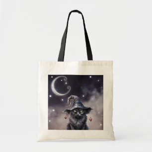 Schwarze Halloween-Katze mit einem Hexenhut Tragetasche