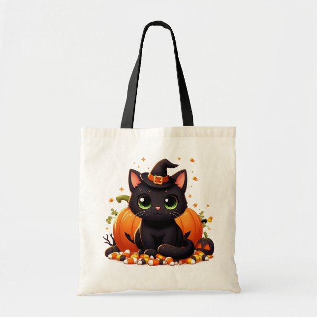 Schwarze Halloween Katze mit Kürbis und Candy Mais Tragetasche (Vorne)