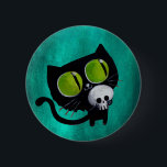 Schwarze Halloween-Katze mit Schädel Button<br><div class="desc">Schwarze Beängstigende Katze mit Schädel. Diese niedliche Kätzin mit großen grünen Augen, die einen menschlichen Schädel halten! Nicht spooky Katze alle ;) Was für ein tolles Halloween-Geschenk für Kinder. Diese schwarze Katze ist wie Edgar Allan Poe (oder so etwas;), aber sie bringt euch kein Pech. Ich verspreche es! Schwarze Illustrationskatze...</div>