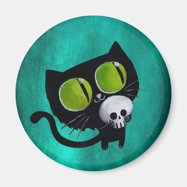 Schwarze Halloween-Katze mit Schädel Magnet (Vorne)
