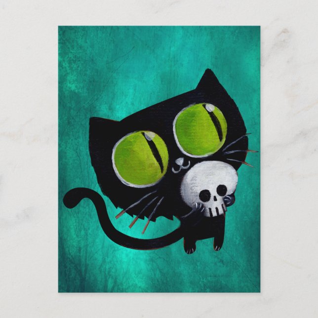 Schwarze Halloween-Katze mit Schädel Postkarte (Vorderseite)