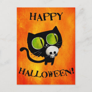 Schwarze Halloween-Katze mit Schädel Postkarte