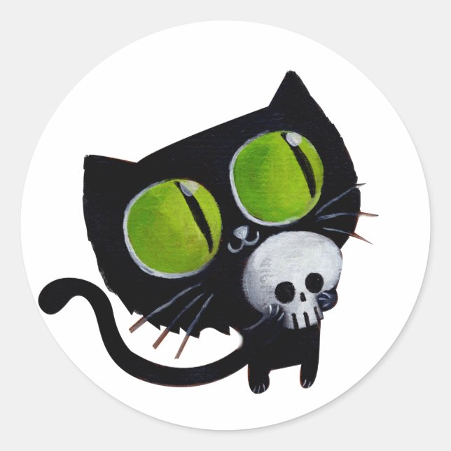 Schwarze Halloween-Katze mit Schädel Runder Aufkleber (Vorderseite)
