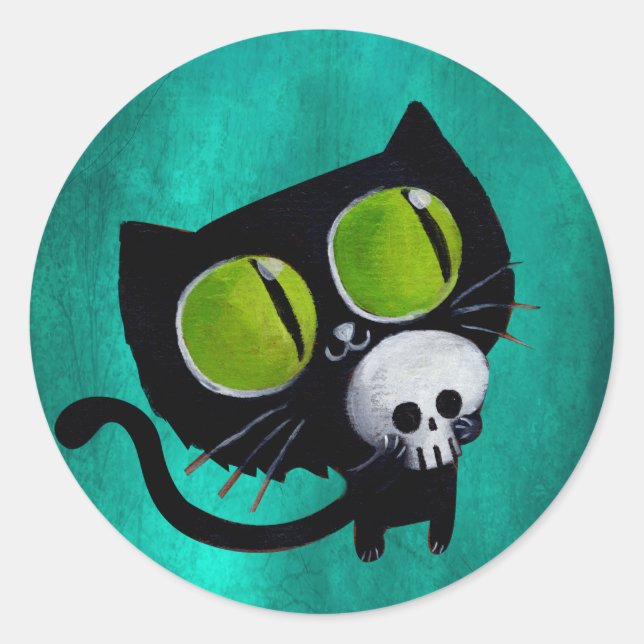 Schwarze Halloween-Katze mit Schädel Runder Aufkleber (Vorderseite)