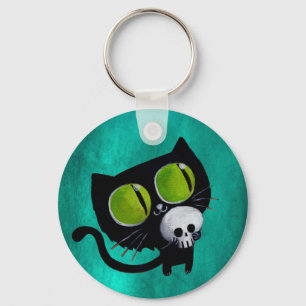 Schwarze Halloween-Katze mit Schädel Schlüsselanhänger