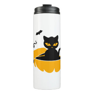 Schwarze Halloween-Katze und Halloween-Kürbis Thermosbecher