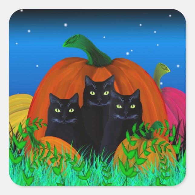 Schwarze Halloween Katzen mit Pumpkins Stickern Quadratischer Aufkleber (Vorderseite)