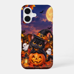 Schwarze Halloween-Kürbis-Handyhülle mit Katze iPhone 16 Hülle