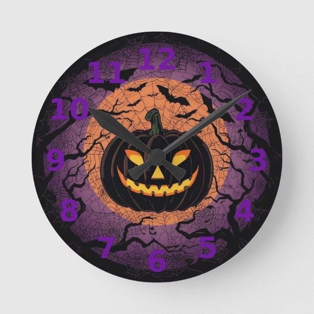 Schwarze Halloween-Kürbis-Wanduhr Runde Wanduhr (Vorderseite)