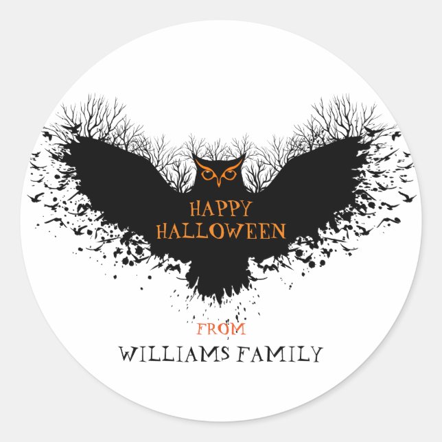 Schwarze Halloween-Owl-Illustration Runder Aufkleber (Vorderseite)
