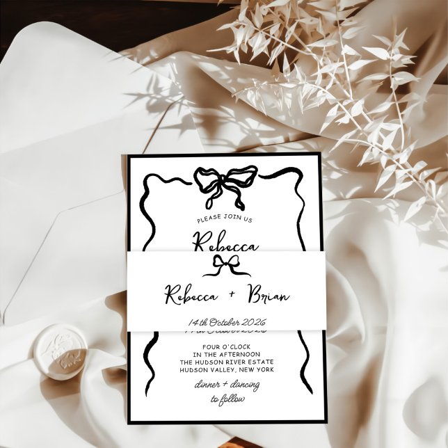 Schwarze Hand Drawn Bow Ribbon Sketch Hochzeit Einladungsbanderole (Von Creator hochgeladen)