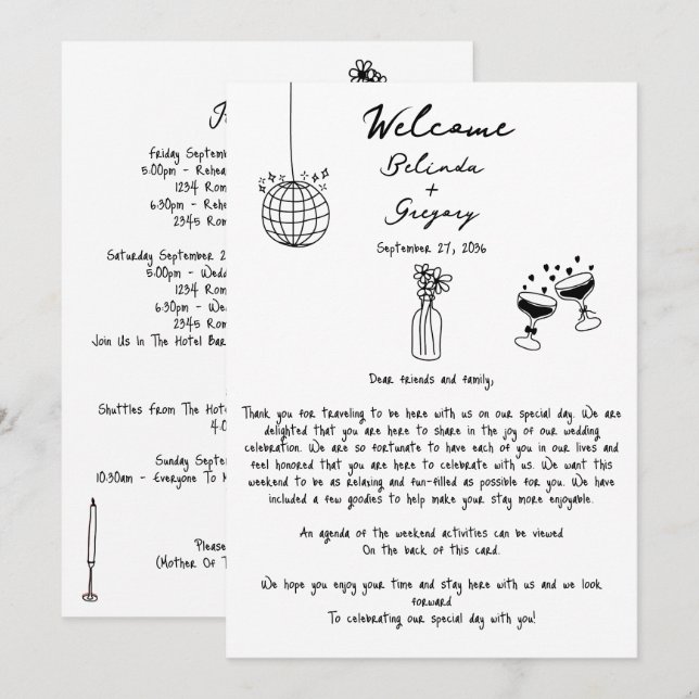 Schwarze Hand gezeichnete Illustrationen Hochzeitr (Vorne/Hinten)
