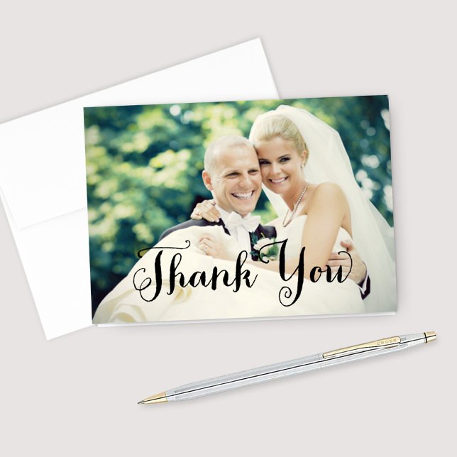 Schwarze handgeschriebene Schrift Hochzeitsfoto Dankeskarte (Von Creator hochgeladen)