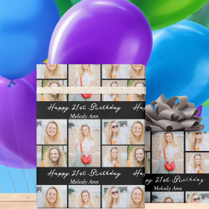 Schwarze Happy Birthday Fotocollage im Chic-Stil Geschenkpapier