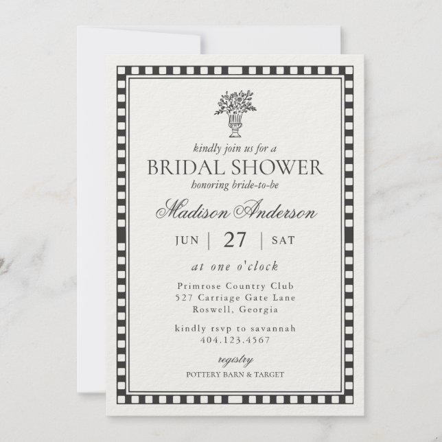 Schwarze Harlekin-Schecken-Bridal-Shower Einladung (Vorderseite)