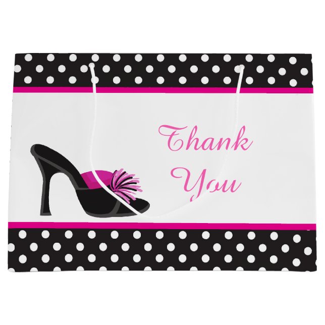 Schwarze Heelse Schuhe mit schwarzen Polka-Punkten Große Geschenktüte (Vorderseite)