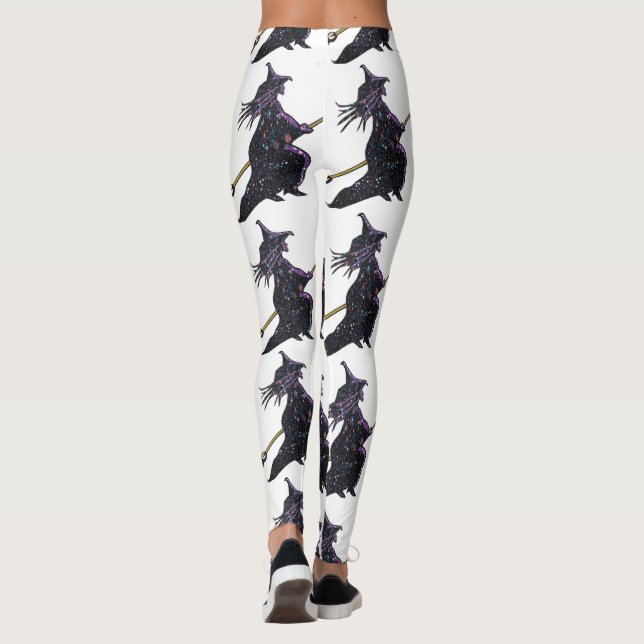 Schwarze Hexe auf Broomstick, weißes Halloween-Leg Leggings (Rückseite)