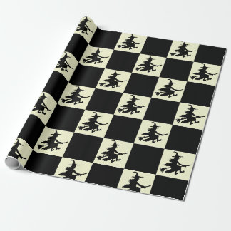 Schwarze Hexen auf gelb kariertem Einwickelpapier Geschenkpapier