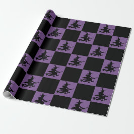 Schwarze Hexen auf lila kariertem Einwickelpapier Geschenkpapier