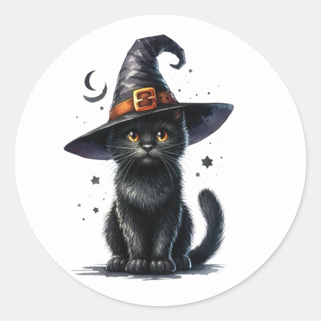 Schwarze Hexen Cat Halloween Stickers (Vorderseite)