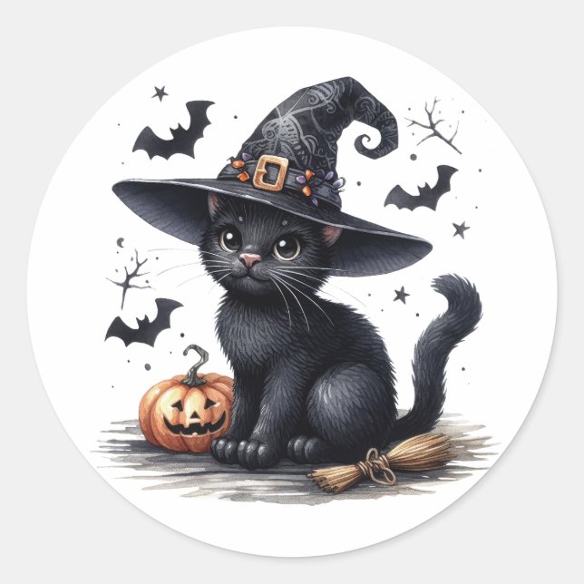 Schwarze Hexen Cat Halloween Stickers (Vorderseite)