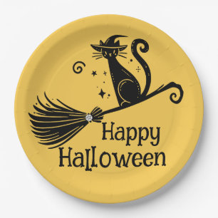 Schwarze Hexenkatze auf Besenstiel Halloween Pappteller