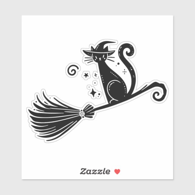 Schwarze Hexenkatze auf Broomstick Halloween Aufkleber (Blatt)