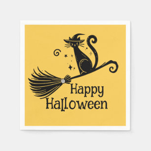 Schwarze Hexenkatze auf Broomstick Halloween Serviette