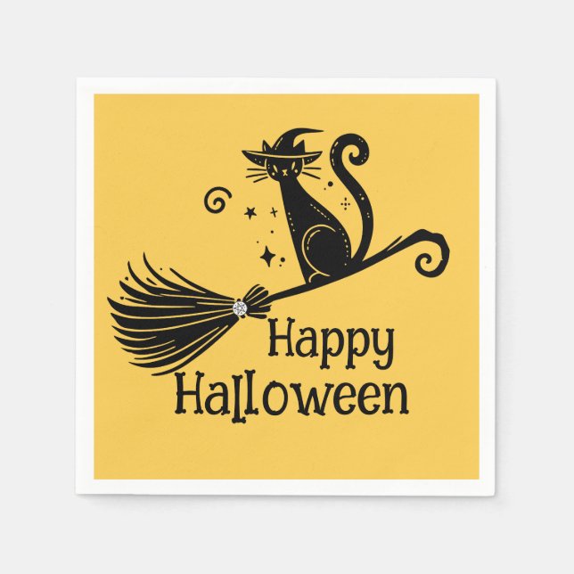 Schwarze Hexenkatze auf Broomstick Halloween Serviette (Vorderseite)