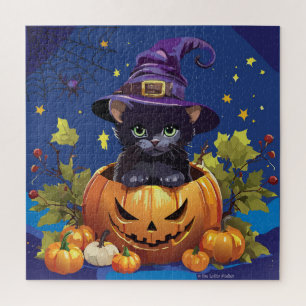 Schwarze Hexenkatze im Kürbis-Quadrat-Puzzle 676 T