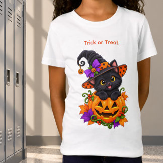 Schwarze Hexenkatze in Halloween-Kürbis individuel T-Shirt